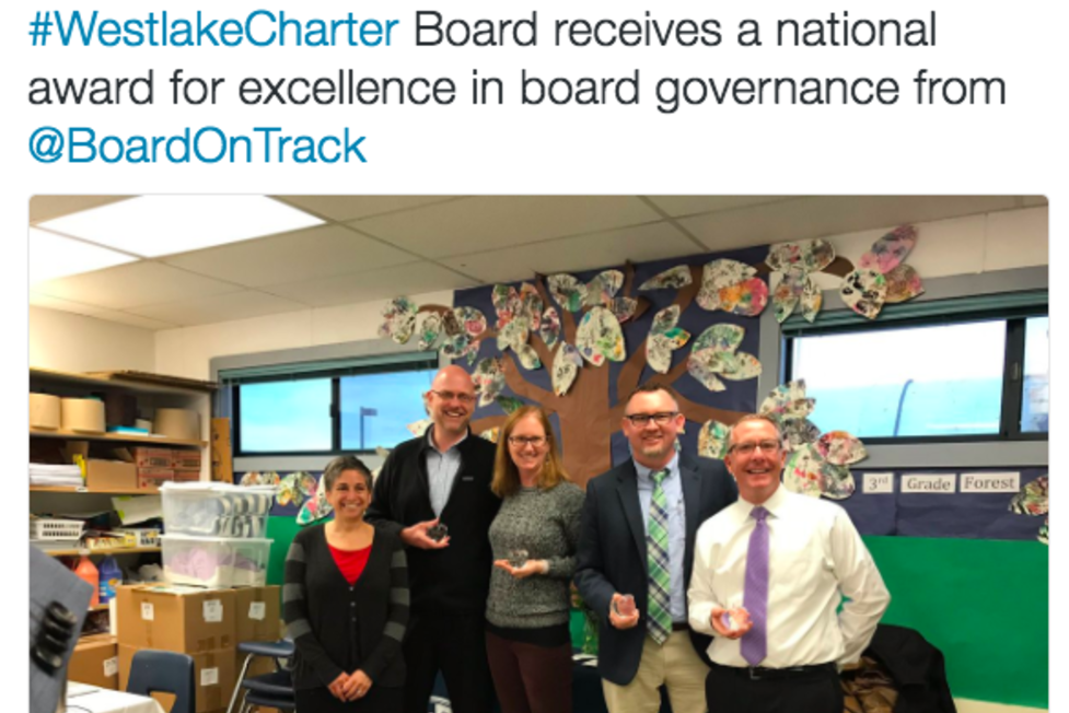 Board on Track works closely with over 200 Charter Boards across the country. Each year Board on Track recognizes a board with the Excellence in Governance award. This year, the WCS Board is proud to receive this honor!