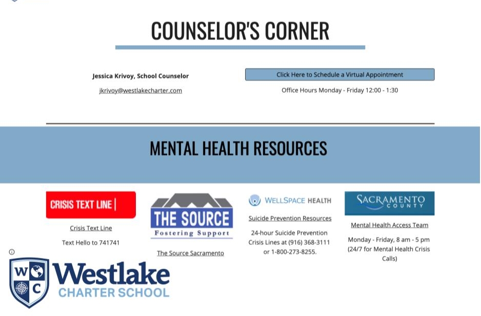 Families, we want our community to know that our Distance Learning Website now has a Counseling Resources & Support webpage located on our Distance learning site. Please visit this page to access all of the social emotional support and mental health resources that our team has curated to assist our community. #WestlakeCharter