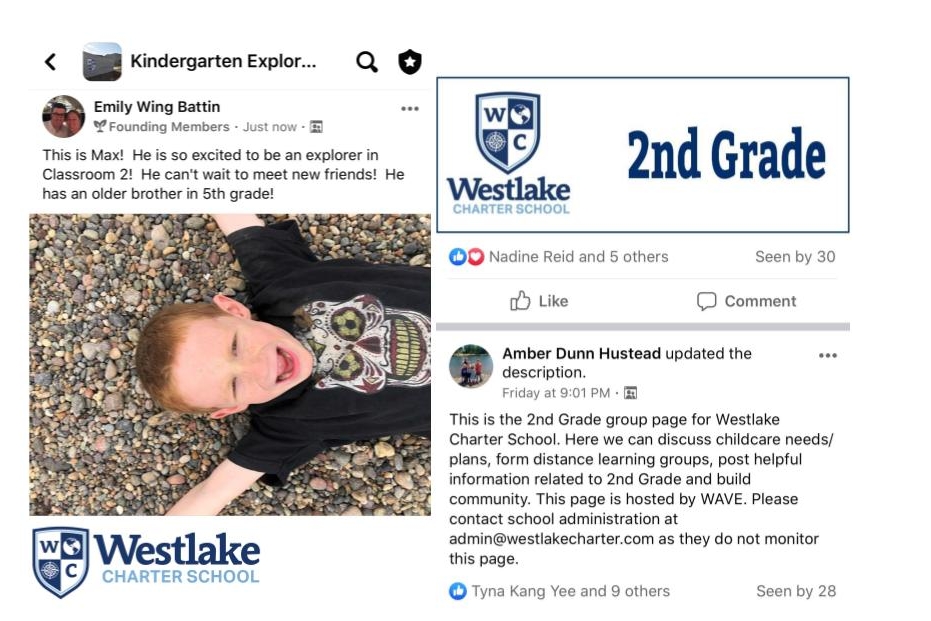 Our WAVE team has been instrumental in launching Grade Level group pages so families can collaborate and support one another during distance learning! Be sure to check out the WAVE tab on our Westlake Weekly for information on the facebook page and more.