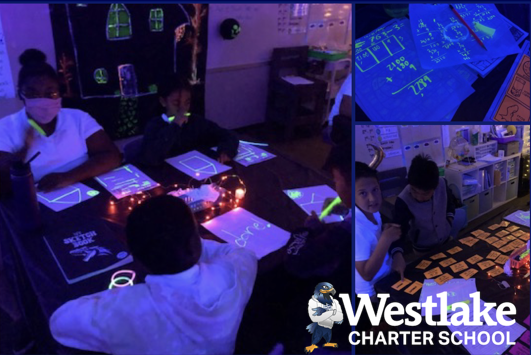 Fifth Graders in Mrs. Barnes had their classroom transformed into a SPOOKY space of learning on Halloween! This is a great example of #WCSJoyfulLearning.
Who knew that learning could be so fun when you are writing with a highlighter that glows from black lights?!