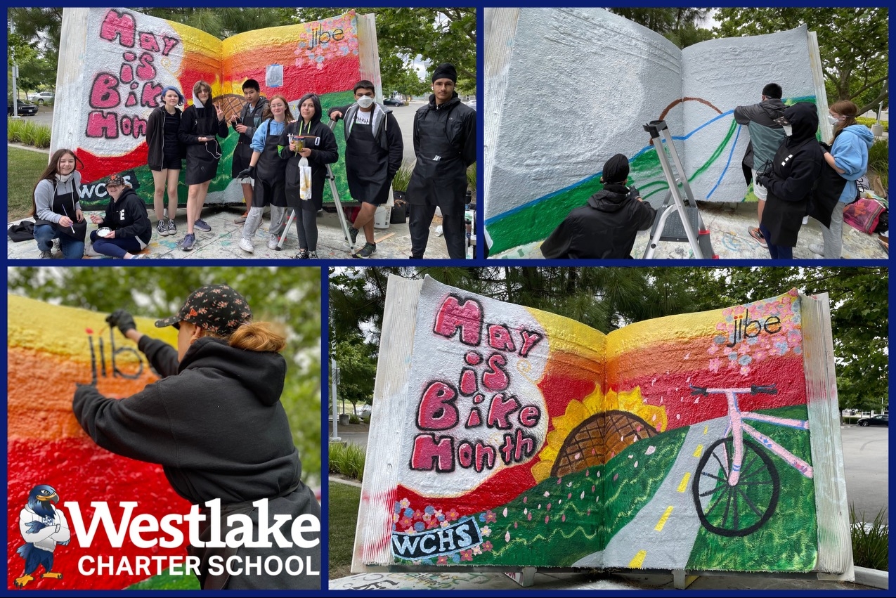 May is bike month and a crew of WCHS artists were lucky enough to partner with JIBE to paint the public art piece Authors of Our Own Destiny, which is better known as the “big book.” Alexis Firsty, our Westlake Charter High School Art teacher took the lead on guiding these artists on designing and executing their vision for their mural.