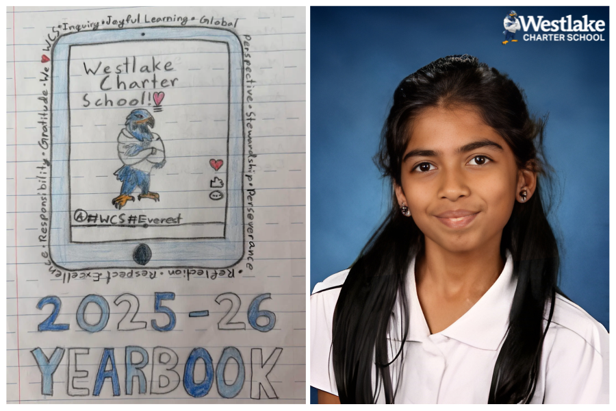 We received many artwork entries for the 2025-26 K-8 yearbook cover contest! We are proud to announce that Fifth Grade Explorer, Adha Rai, submitted the winning drawing!  Congratulations, Adha!
